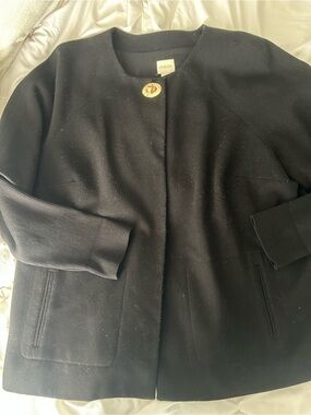 Chico's Black Collarless Wool-Blend Pea Coat with Gold Button